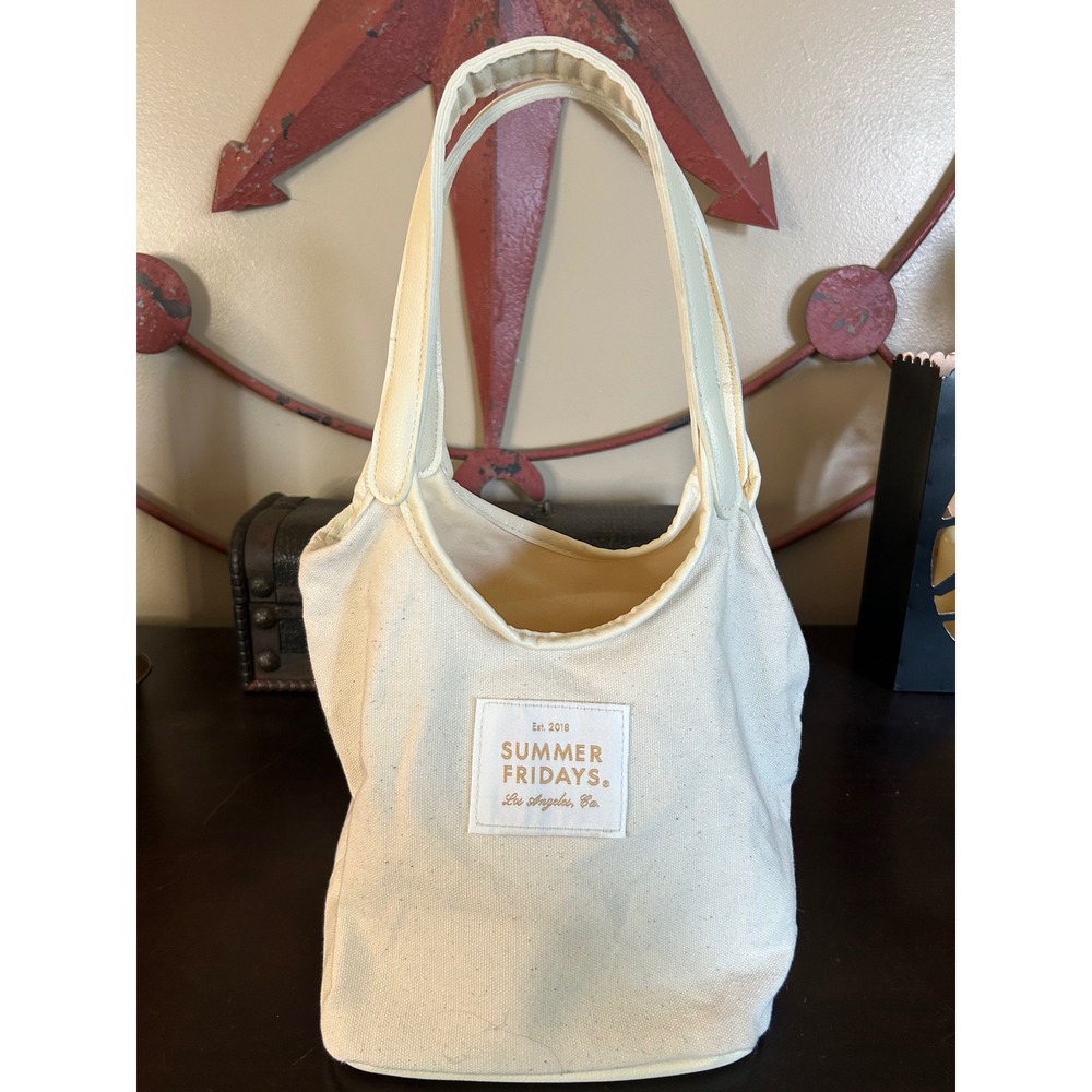 Summer Fridays Canvas Tote Bag Cream Off White Faux Leather Base Small Handbag